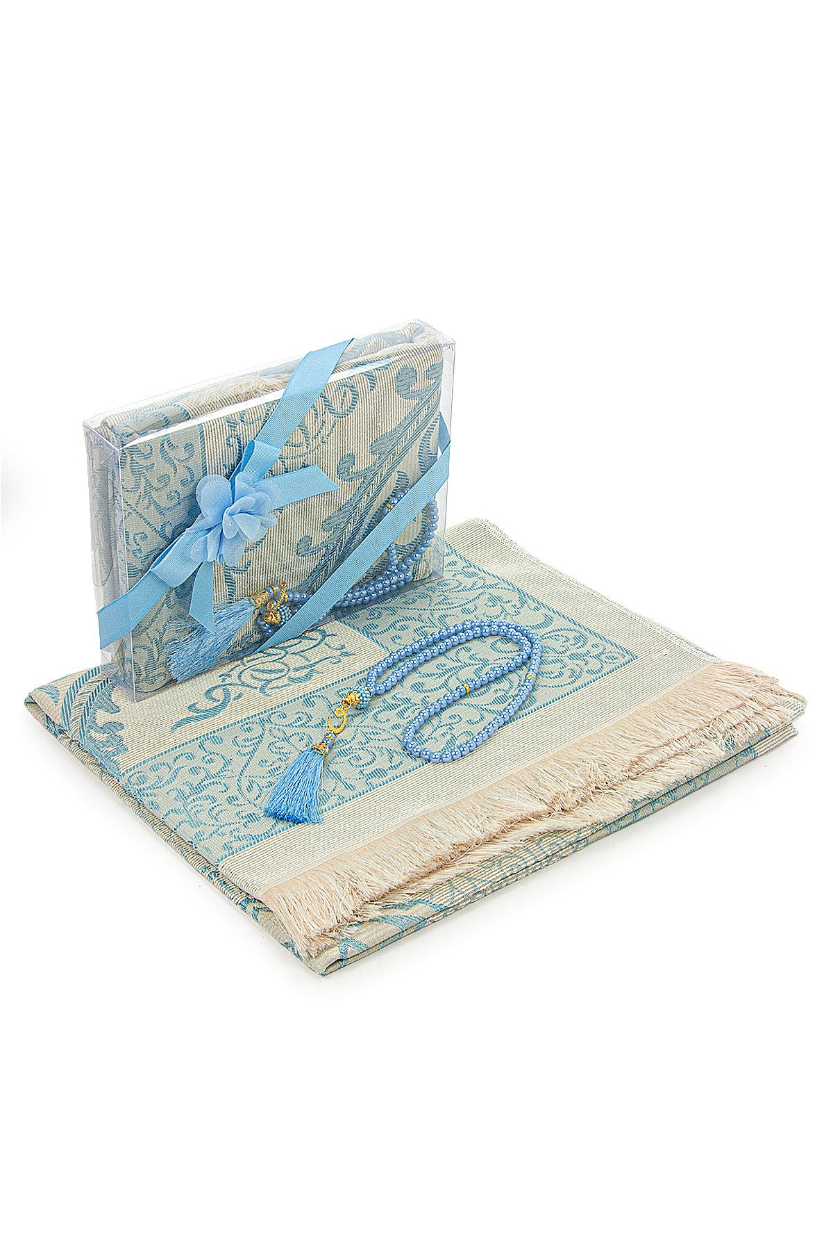 Elegant Dowry Prayer Set with Pearl Tasbeeh – Tafta Prayer Rug for Wedding Gifts