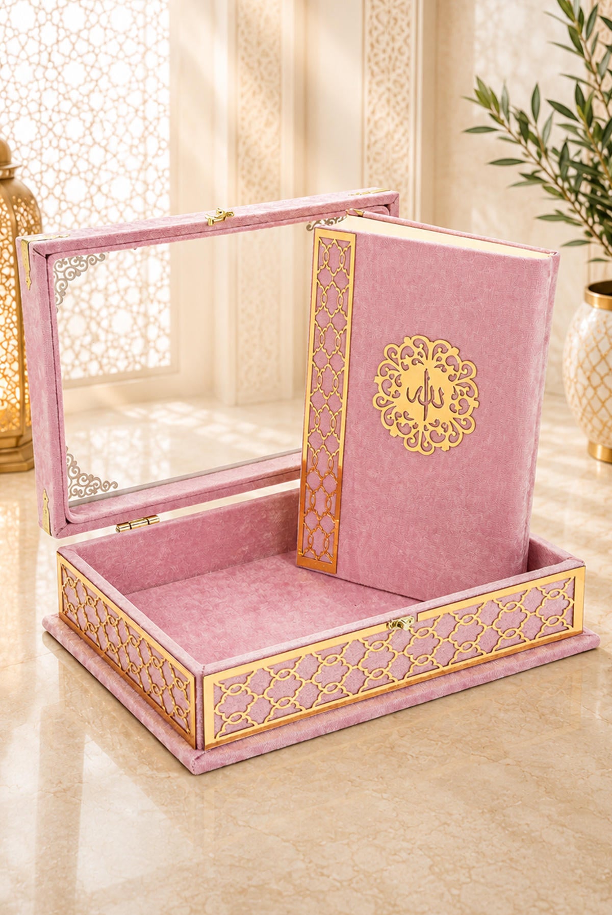 Velvet Covered Holy Quran Gift Set | Gold Embellished Glass-Top Rehal Box | Decorative Islamic Display for Ramadan & Eid