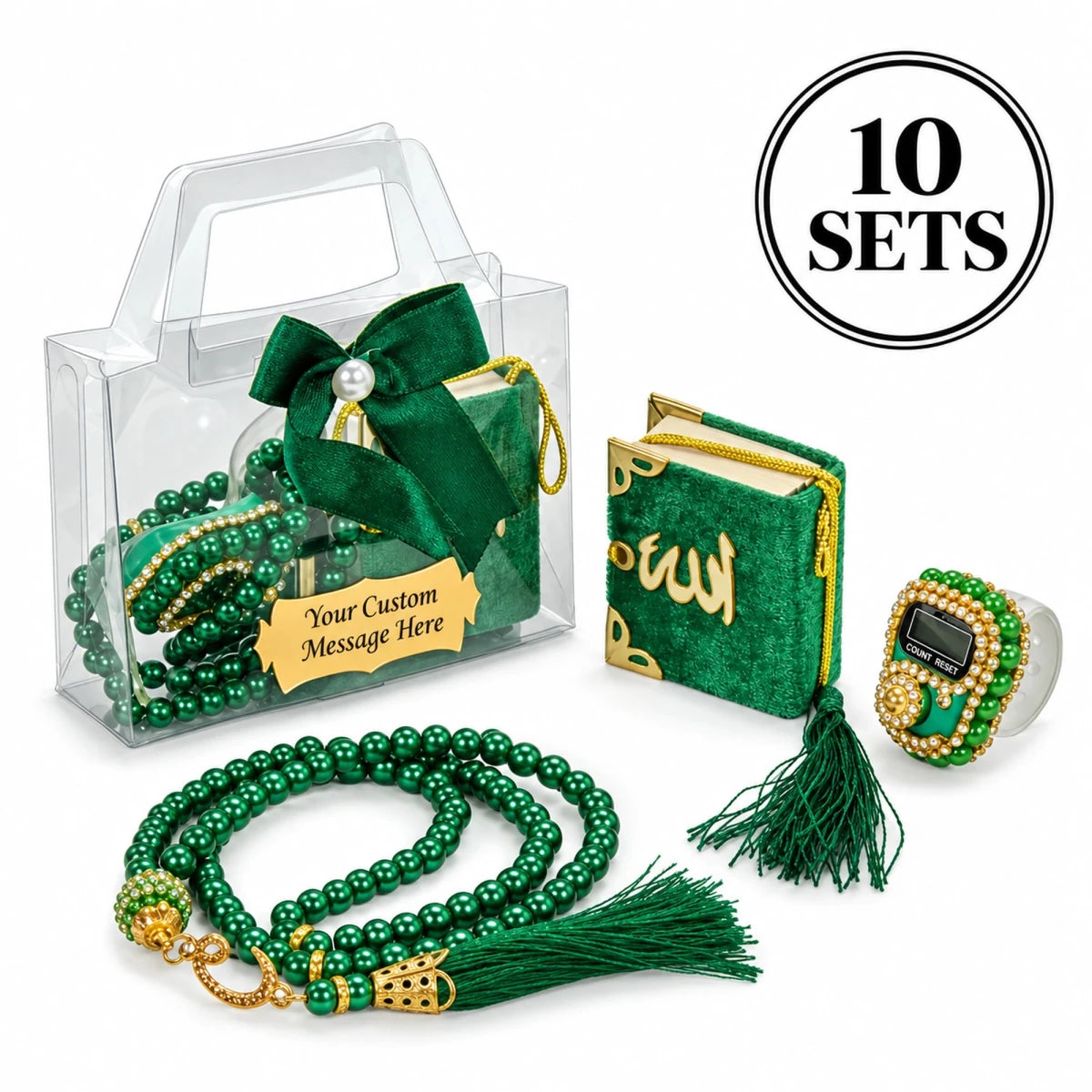 10-Pack Personalized Mawlid Gift Set with Mini Quran, Dhikr Counter & Tasbih - ihvan
