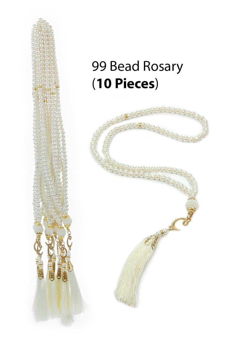 10 Pieces 99 - Bead Pearl Tasbih, Vav Letter, Ideal for Mevlid, Hajj, and Umrah Gifts - Gold - ihvan