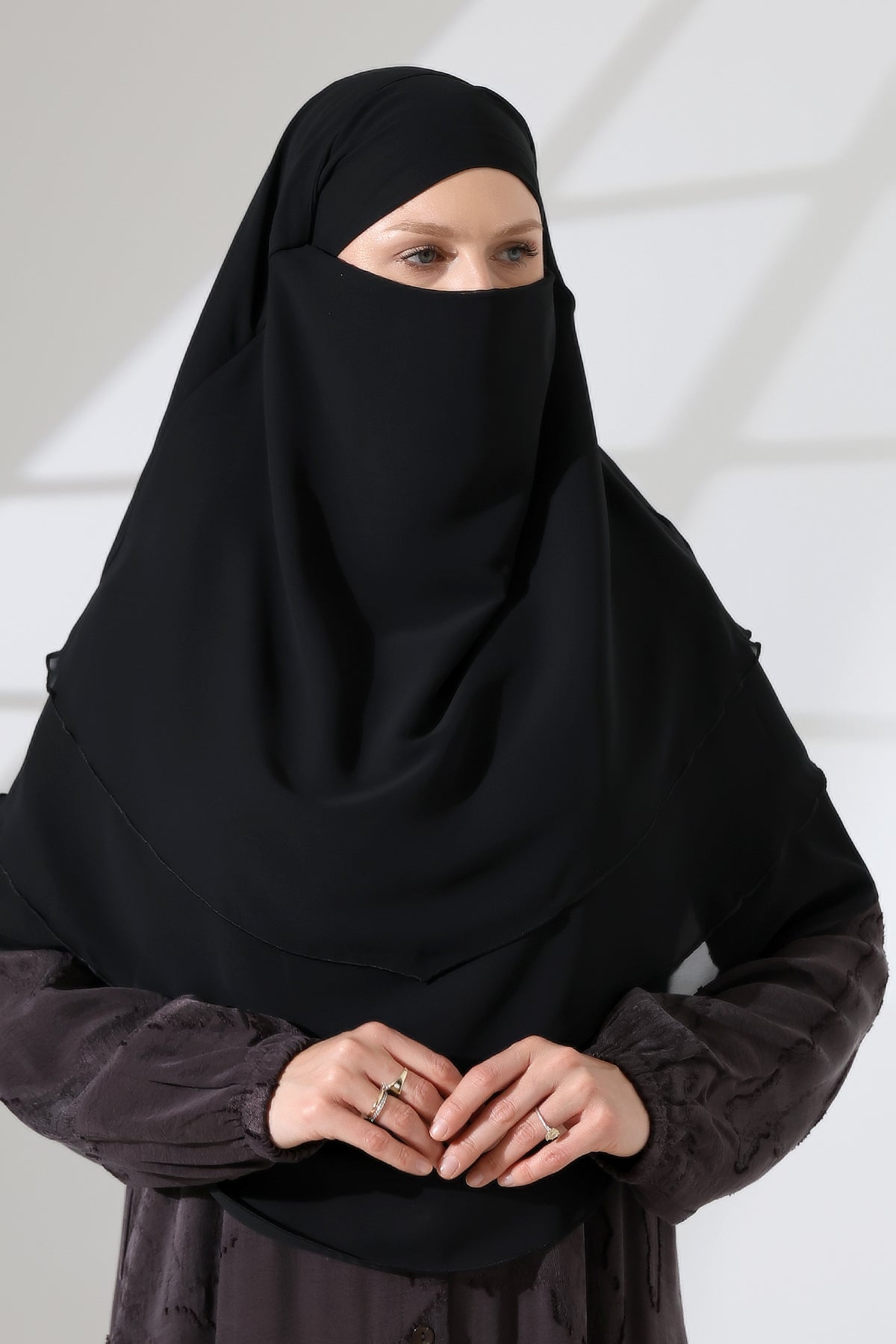 Muslim Prayer Hijab 3 Layers, Chiffon Khimar with Niqab Face Veil, Breathable Layered Ruffle Instant Long Scarf for Women, Oval Cut
