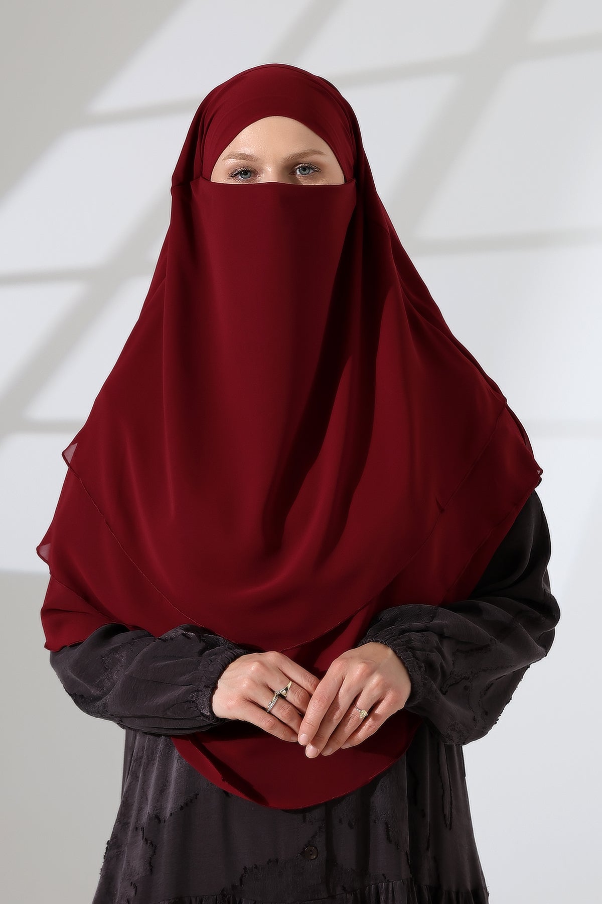 Muslim Prayer Hijab 3 Layers, Chiffon Khimar with Niqab Face Veil, Breathable Layered Ruffle Instant Long Scarf for Women, Oval Cut