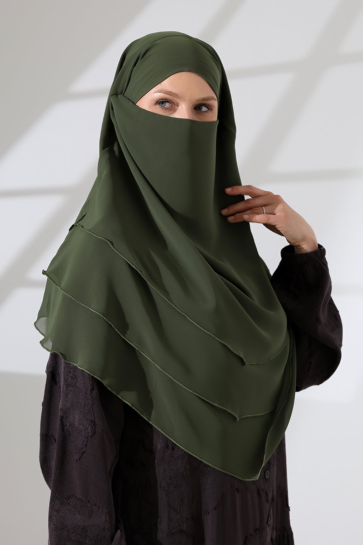 Muslim Prayer Hijab 3 Layers, Chiffon Khimar with Niqab Face Veil, Breathable Layered Ruffle Instant Long Scarf for Women, Oval Cut