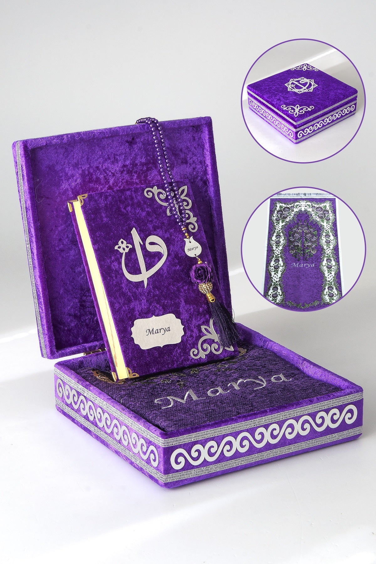 Personalized Velvet Quran Gift Chest Set with Name Embroidered Prayer Rug & Tasbeeh