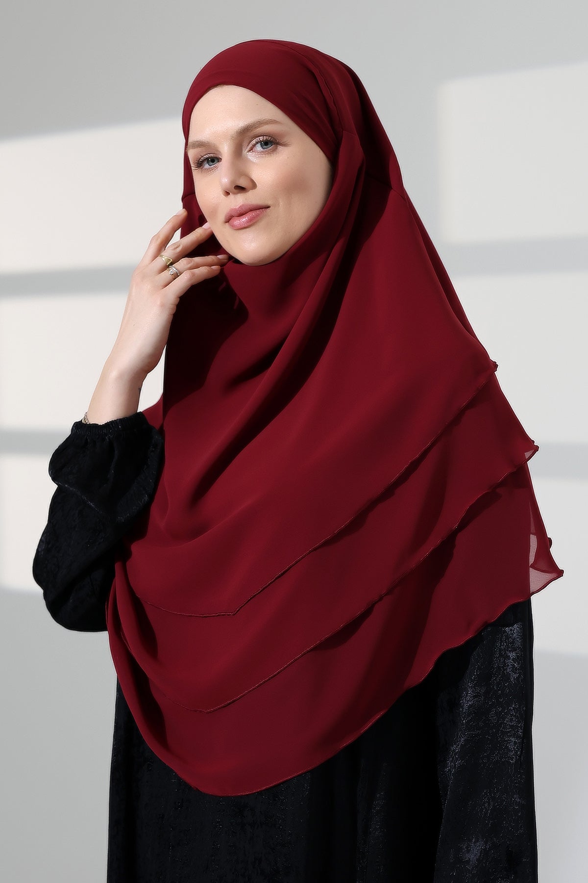 Muslim Prayer Hijab 3 Layers, Chiffon Khimar with Niqab Face Veil, Breathable Layered Ruffle Instant Long Scarf for Women, Oval Cut