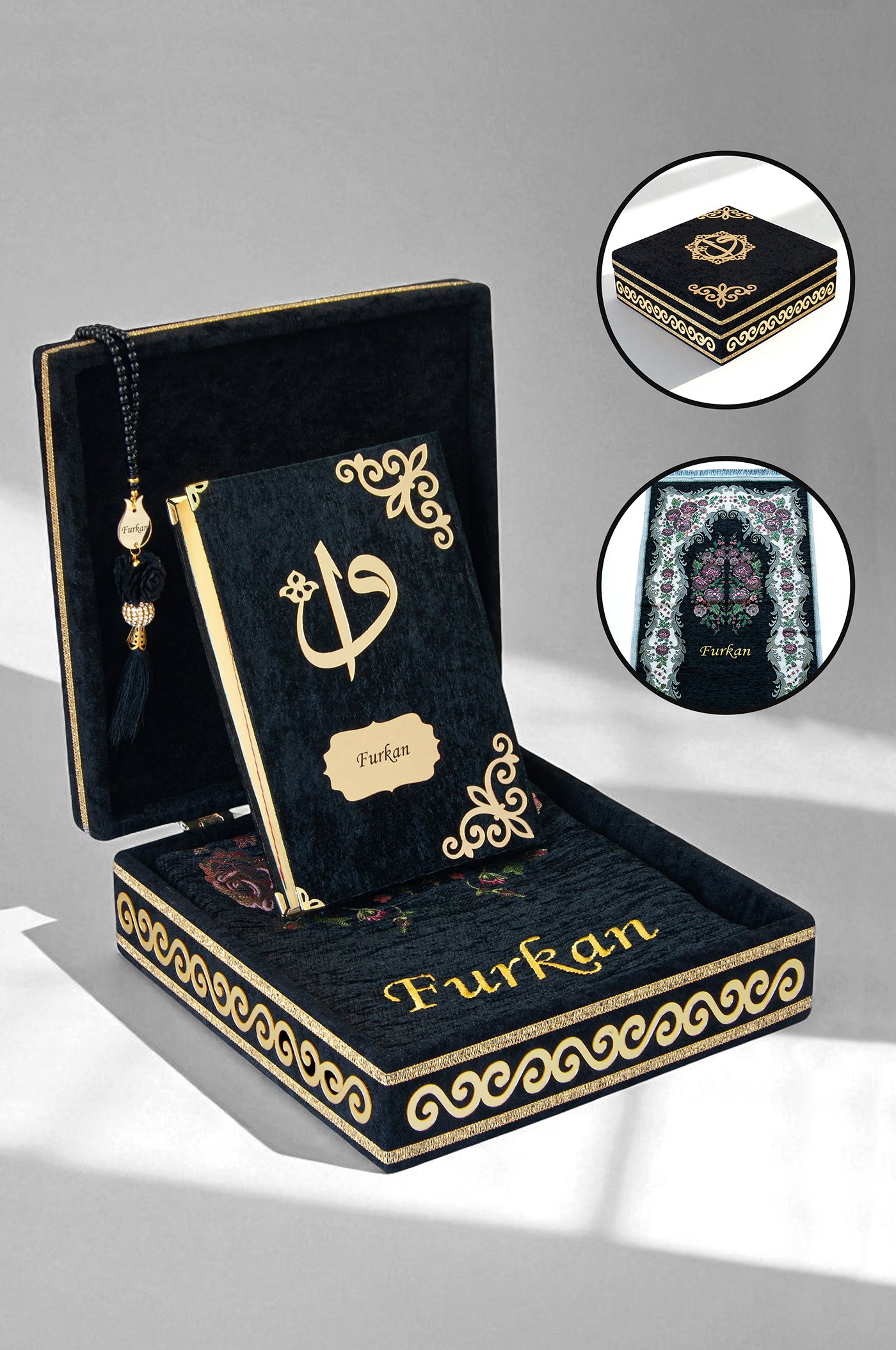Personalized Velvet Quran Gift Chest Set with Name Embroidered Prayer Rug & Tasbeeh