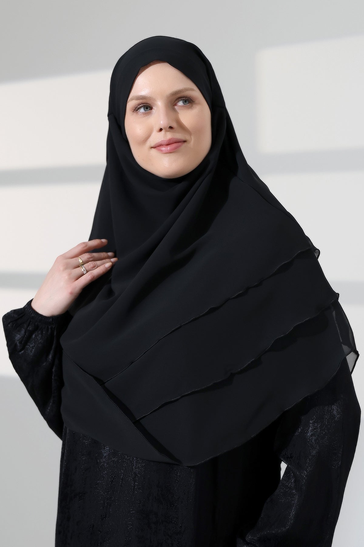 Muslim Prayer Hijab 3 Layers, Chiffon Khimar with Niqab Face Veil, Breathable Layered Ruffle Instant Long Scarf for Women, Oval Cut