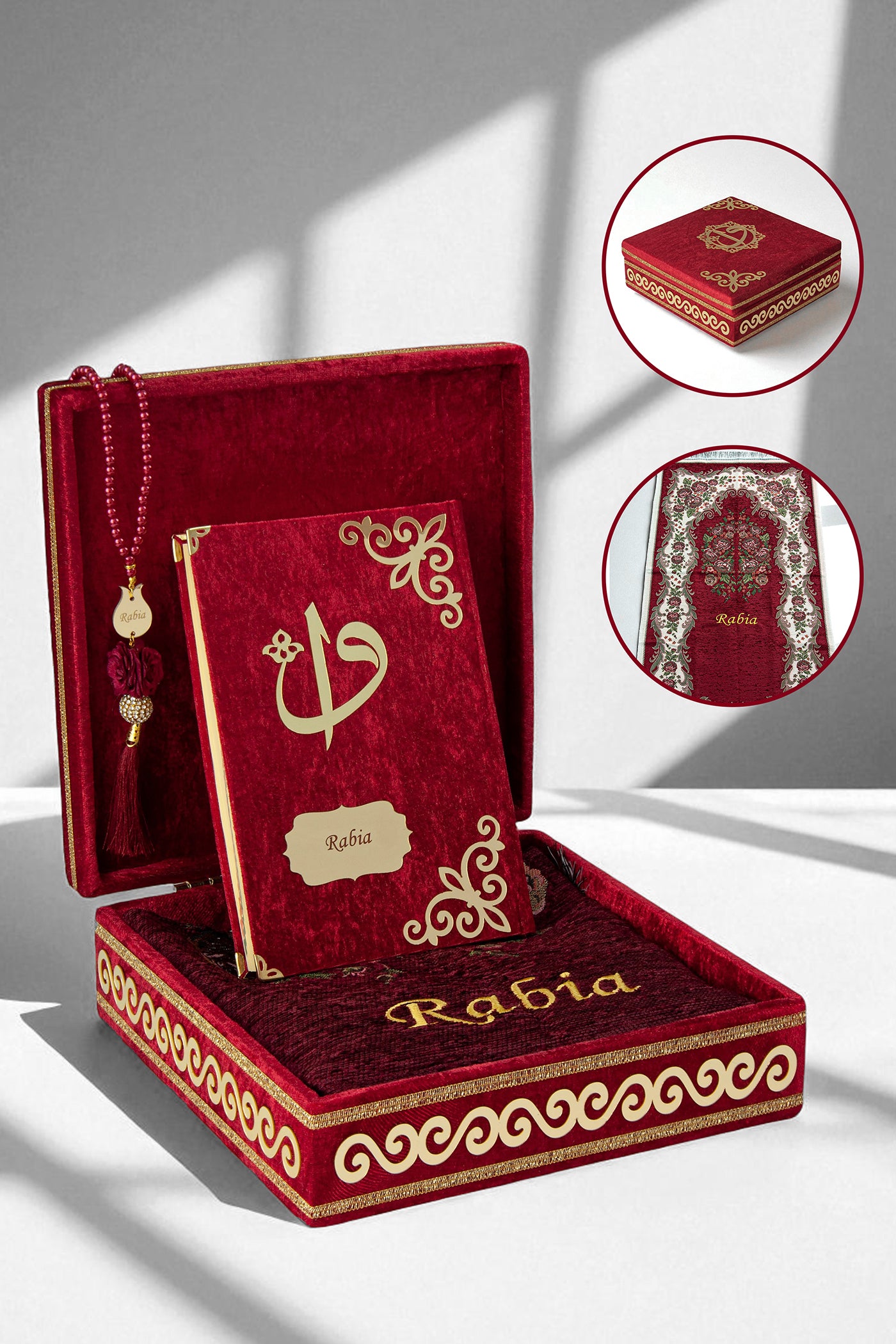 Personalized Velvet Quran Gift Chest Set with Name Embroidered Prayer Rug & Tasbeeh