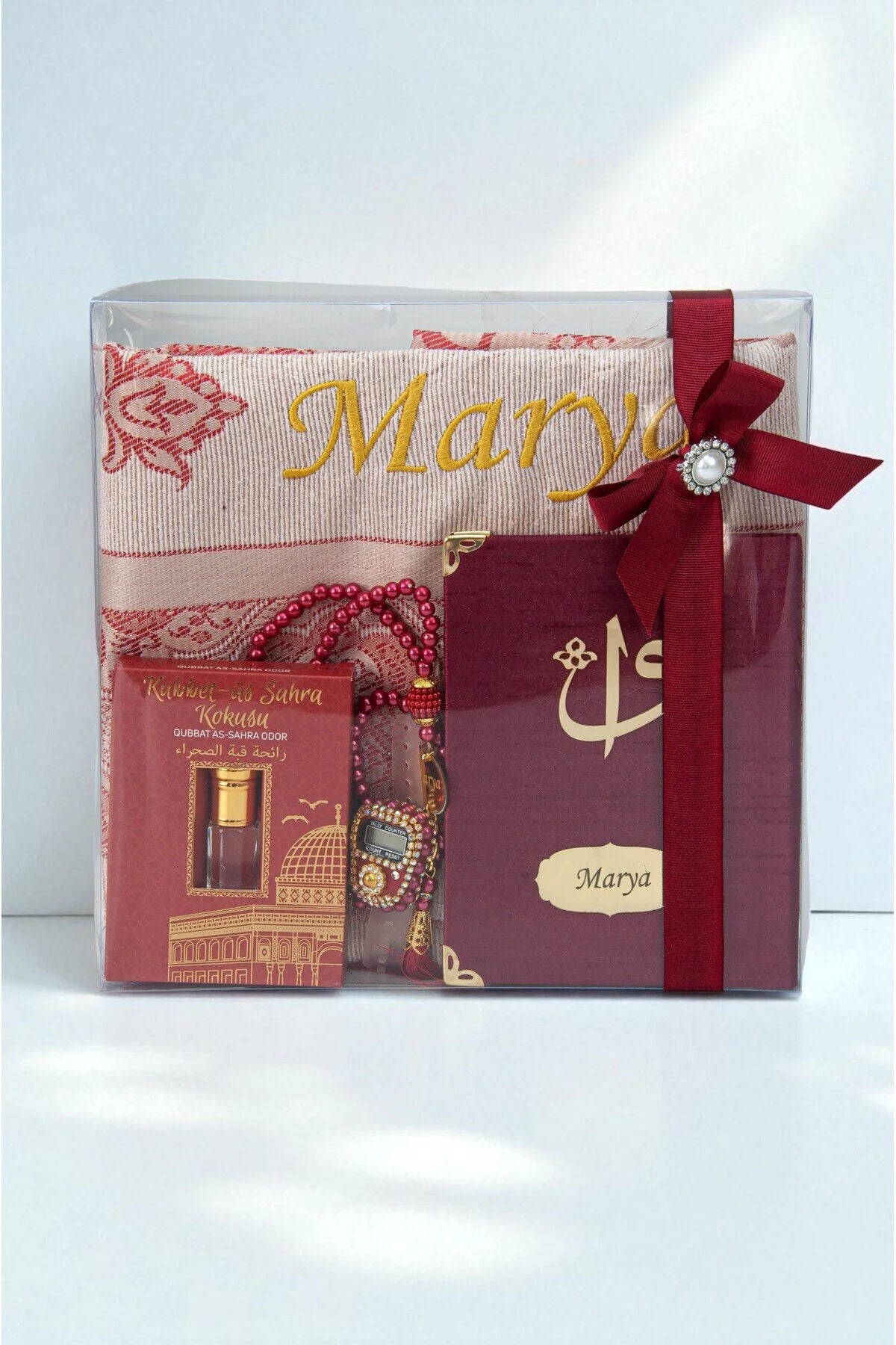 Personalized Islamic Gift Set – Prayer Rug, Yasin Book, Tasbeeh, Digital Zikr Counter & Perfume