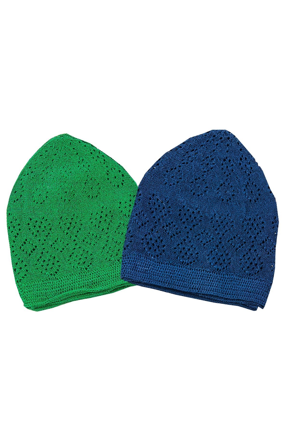 2 Piece of Turkish Muslim Kufi Hats for Men, Green, Navy Blue , Islamic Caps - ihvan