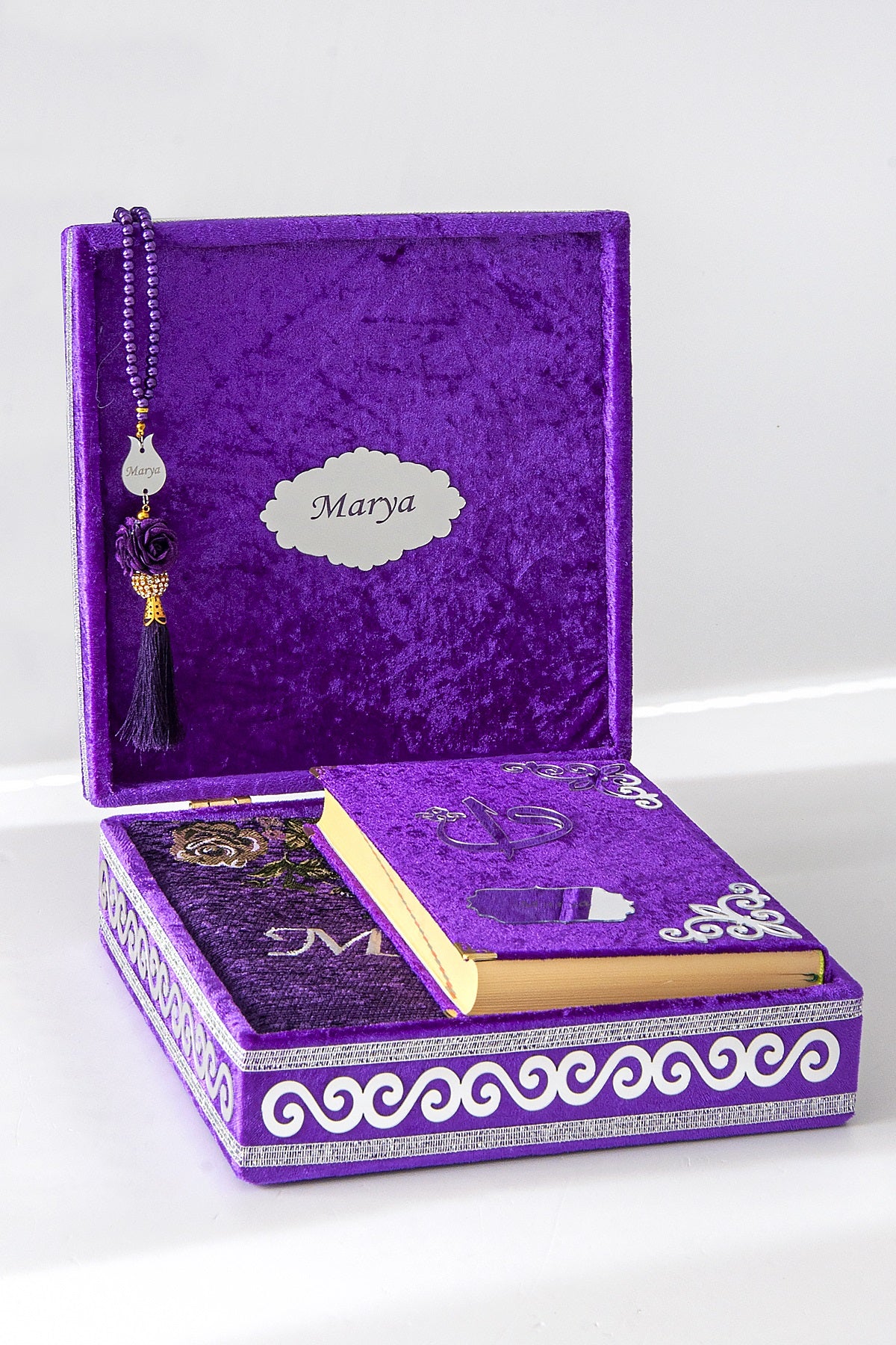 Personalized Velvet Quran Gift Chest Set with Name Embroidered Prayer Rug & Tasbeeh