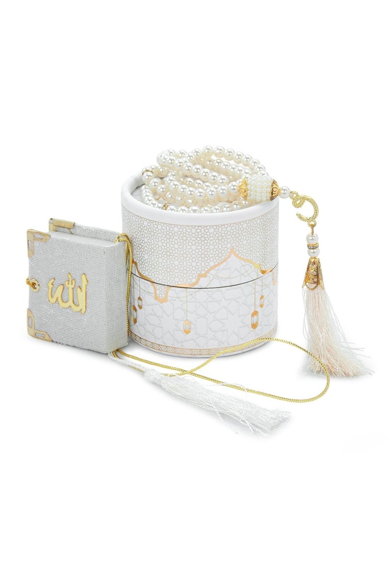 3 - Piece Mini Quran Gift Set | Pearl Rosary & Digital Tasbeeh Counter in Velvet Box | Islamic Gift Set - ihvan