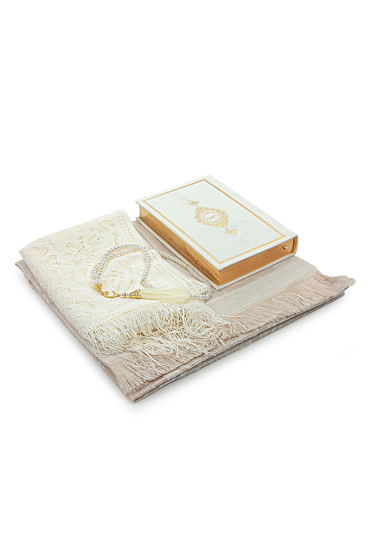 Luxury Dowry Prayer Set – Tafta Prayer Rug, Termo Leather Quran, Pearl Tasbeeh, and Scarf in Gift Box