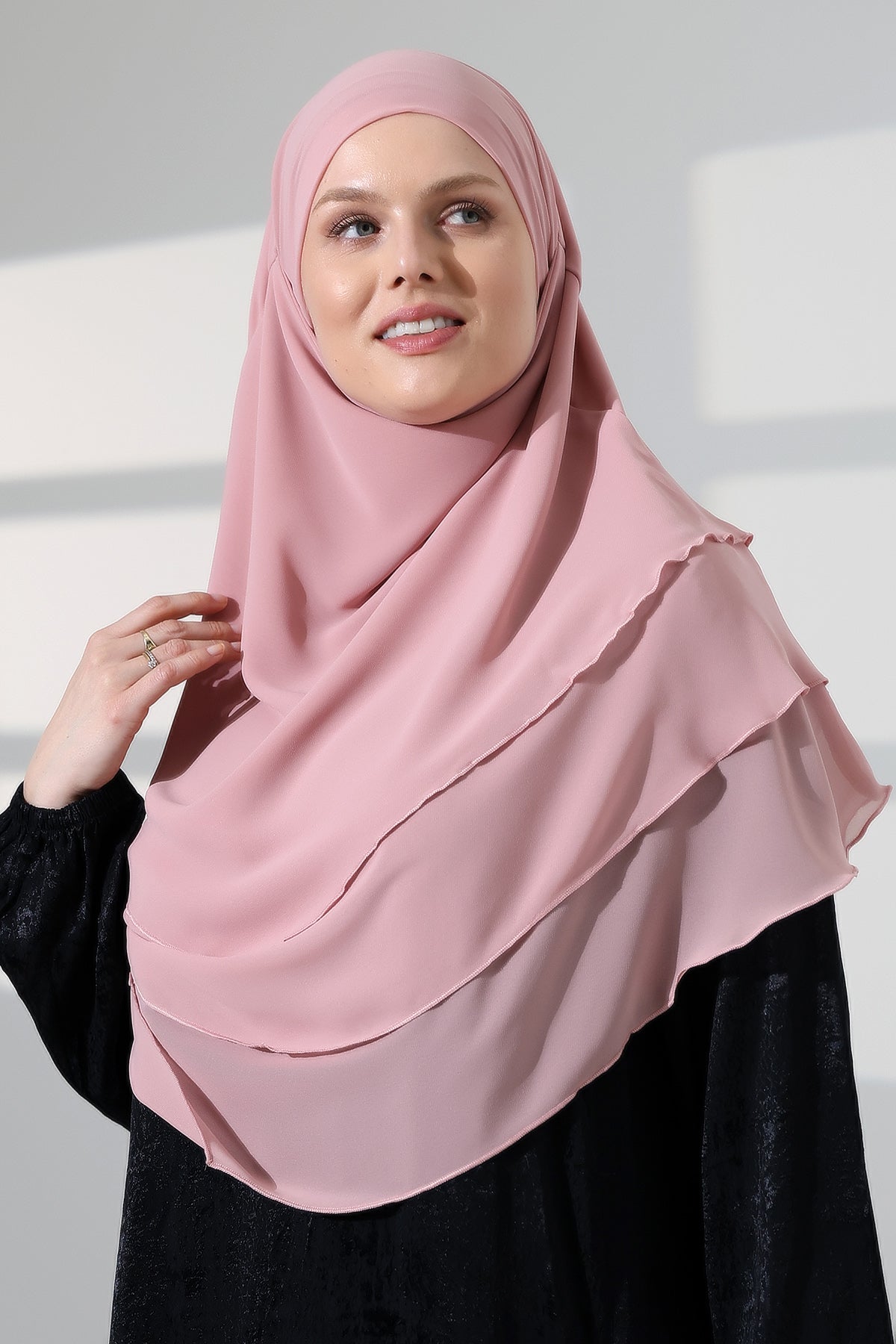 Muslim Prayer Hijab 3 Layers, Chiffon Khimar with Niqab Face Veil, Breathable Layered Ruffle Instant Long Scarf for Women, Oval Cut