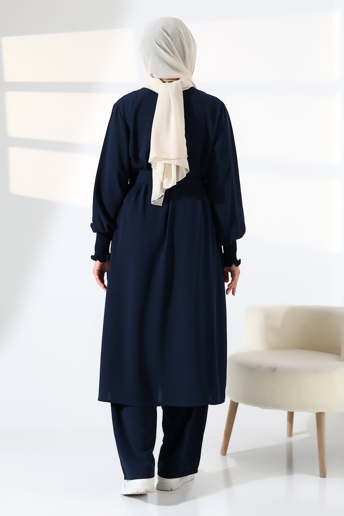 Kadın Keten Hac ve Umre Kıyafeti Kemerli Tesettür İkili Takım - Lacivert