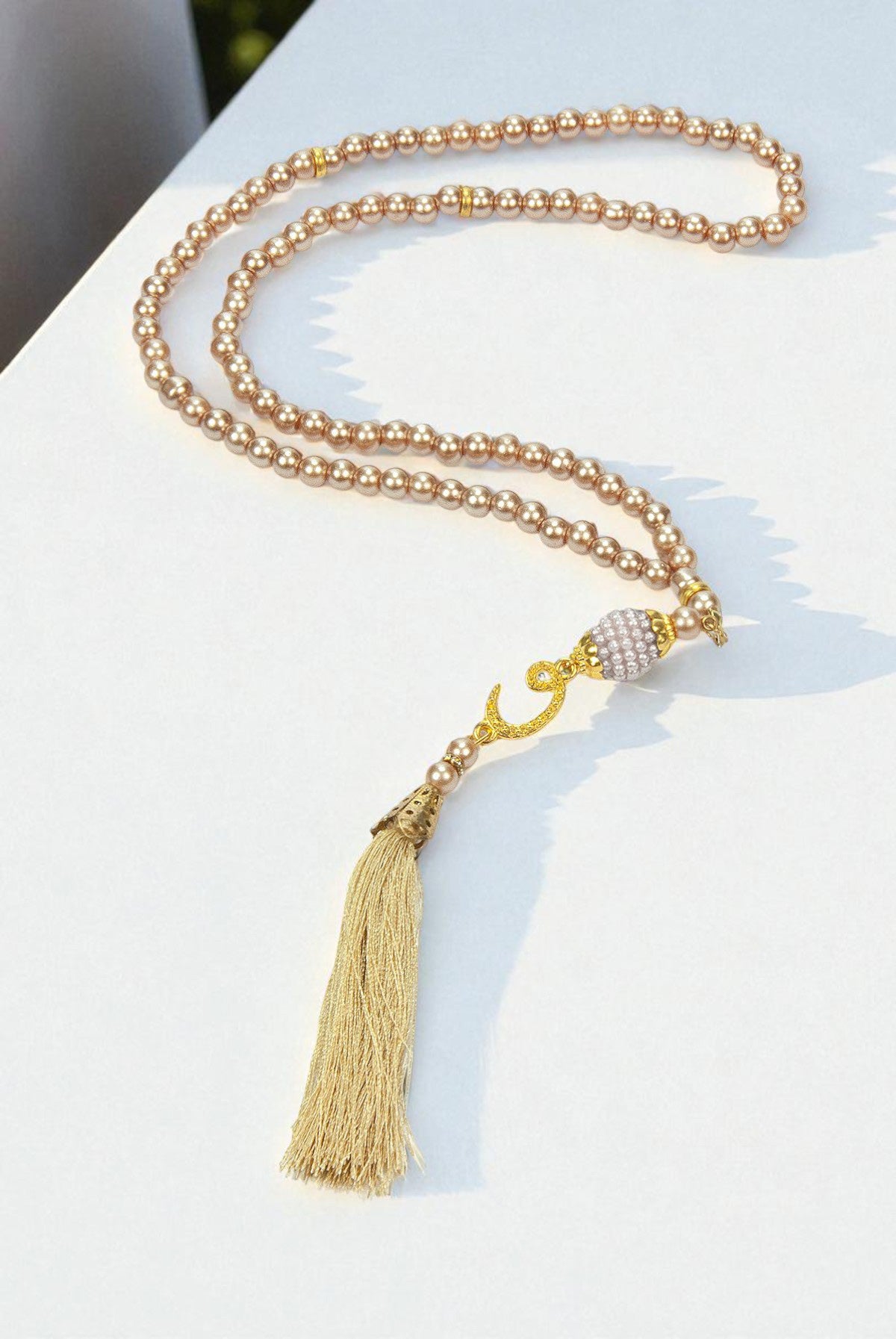 10 Pieces 99-Bead Pearl Tasbih, Vav Letter, Ideal for Mevlid, Hajj, and Umrah Gifts - Gold