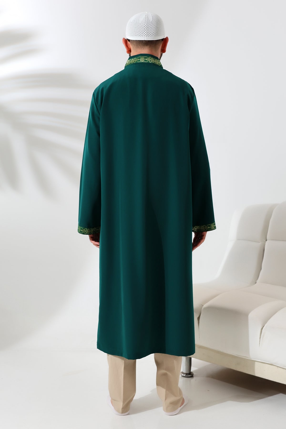 Yeşil Erkek Namaz Elbisesi İşlemeli Hakim Yaka İmam Cübbesi