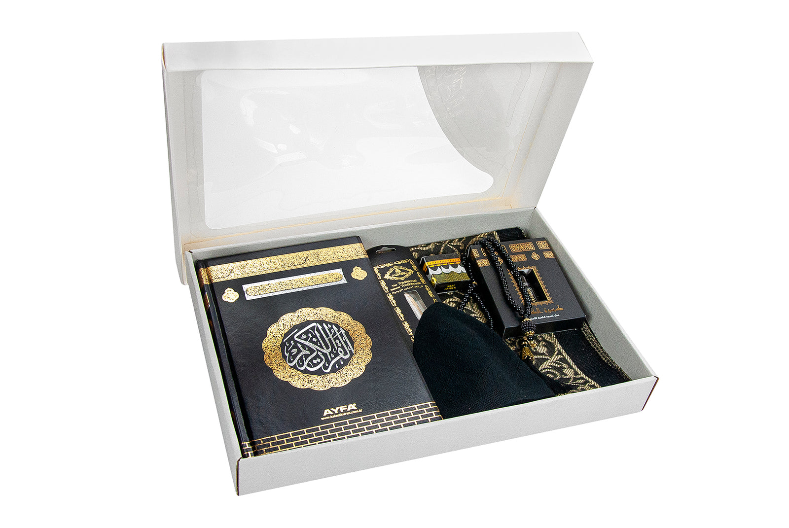 Deluxe 8-Piece Islamic Prayer Gift Set with Quran | Rug (Sajadah, Janamaz | Tasbih | Miswak - Ihvan