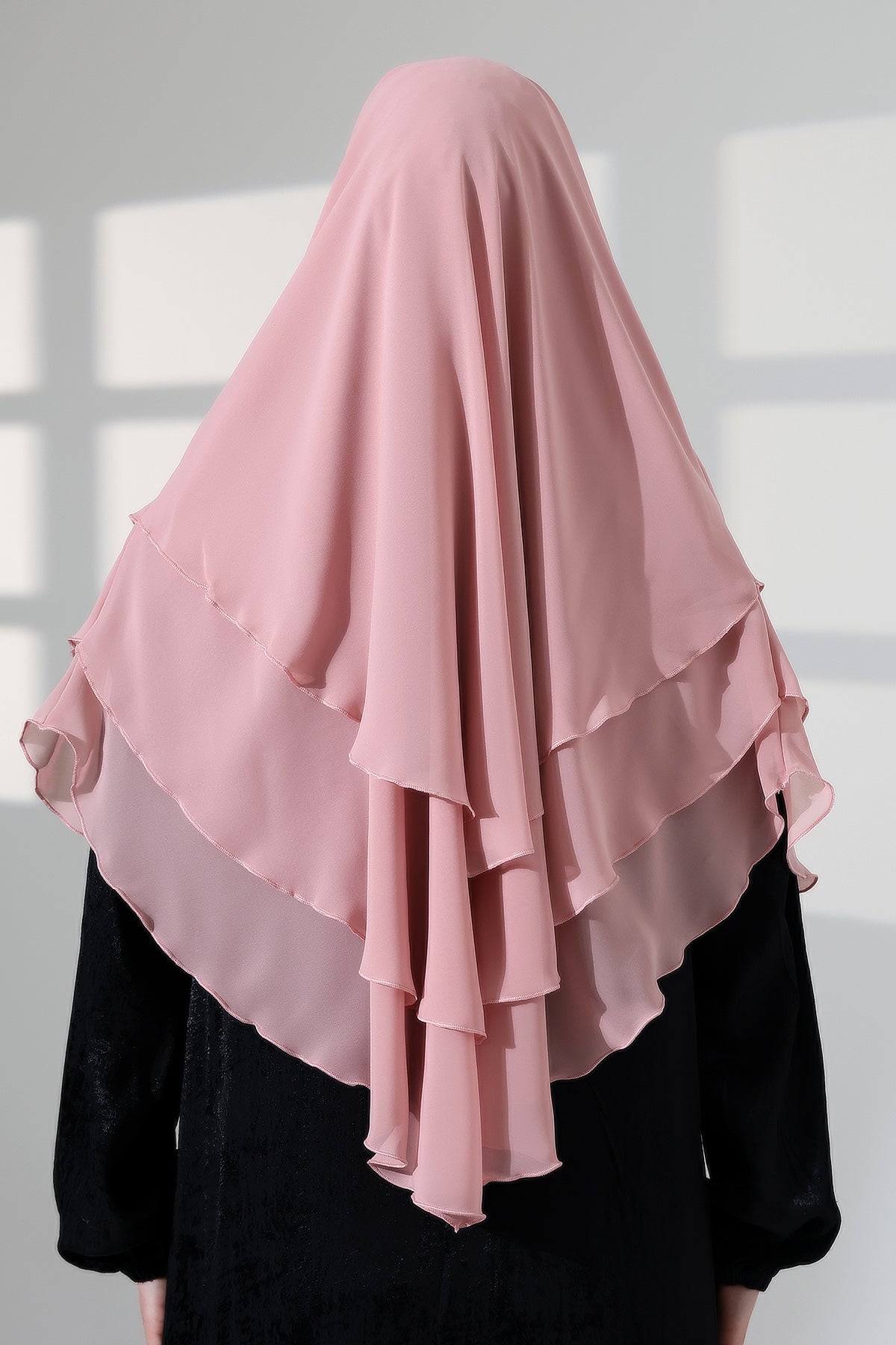Muslim Prayer Hijab 3 Layers, Chiffon Khimar with Niqab Face Veil, Breathable Layered Ruffle Instant Long Scarf for Women, Oval Cut