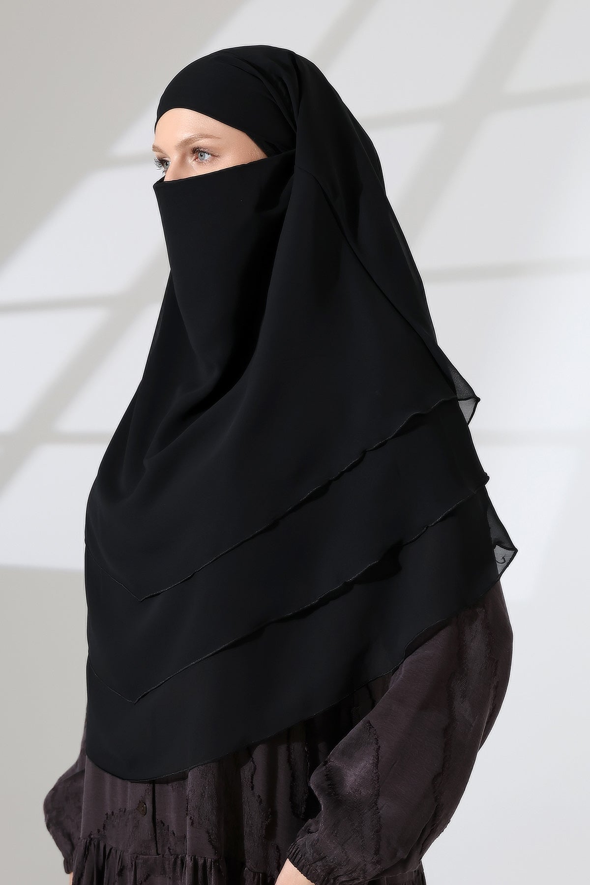 Muslim Prayer Hijab 3 Layers, Chiffon Khimar with Niqab Face Veil, Breathable Layered Ruffle Instant Long Scarf for Women, Oval Cut