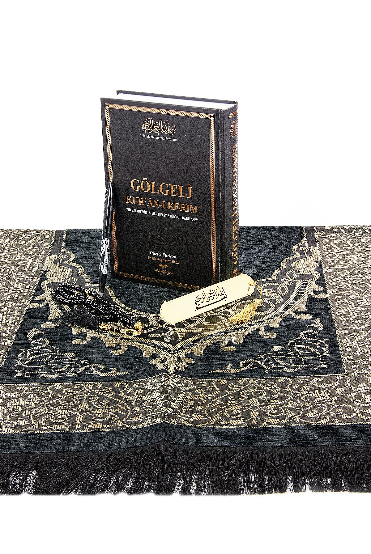 Black Islamic Prayer Gift Set | Holy Quran, Prayer Rug, Erasable Pen & Prayer Accessories - Ihvan