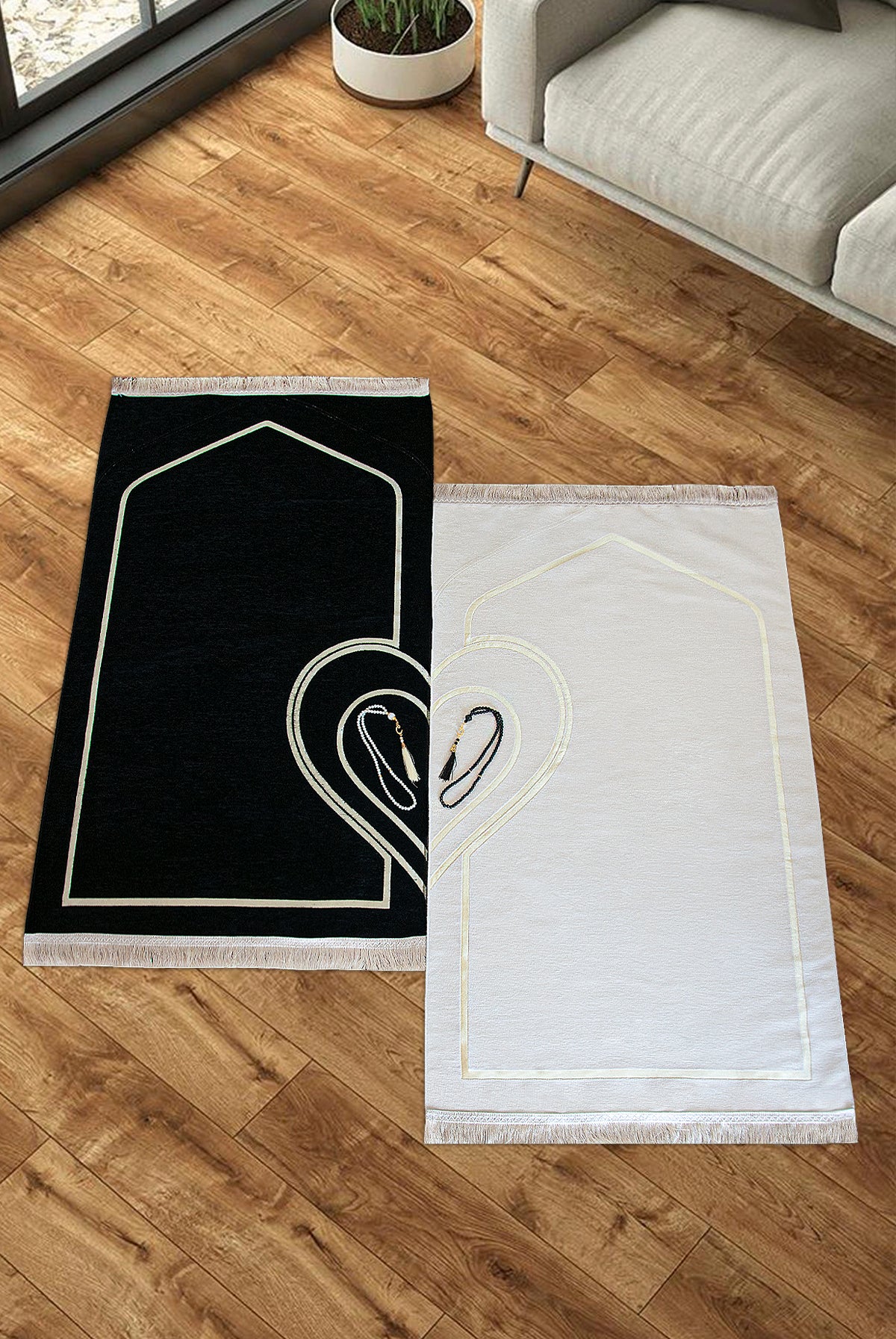 Elegant Black & White Muslim Prayer Rug Set for Couples | Sajadah | Janamaz - Ihvan