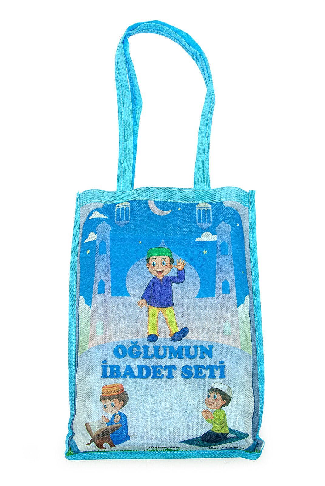 Blue Muslim Prayer Rug Set for Kids | Holy Quran, Tasbih, Mat & Worship Bag - Ihvan