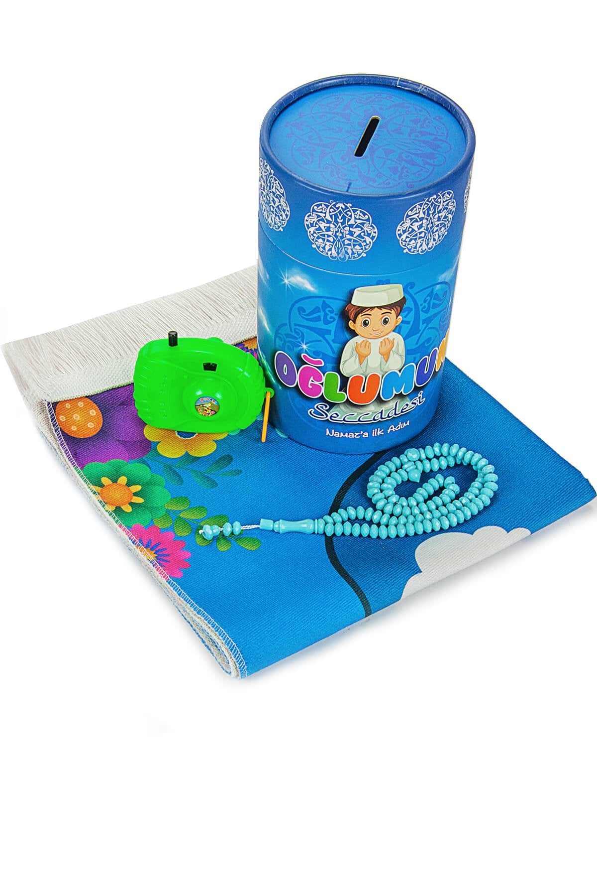 Blue Muslım Prayer Gift Set for Kids (Prayer Rug | Moneybox | Tasbih | Toy Camera) - Ihvan