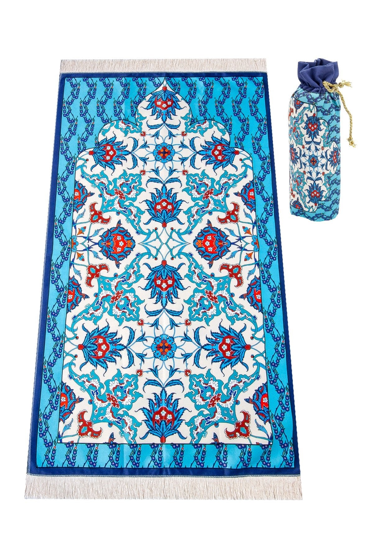 Silky Portable Blue Muslim Prayer Rug Set (Sajadah | Travel Bag) - Ihvan