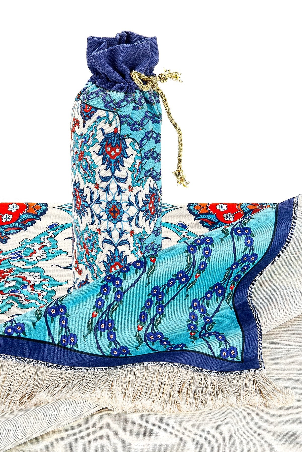 Silky Portable Blue Muslim Prayer Rug Set (Sajadah | Travel Bag) - Ihvan