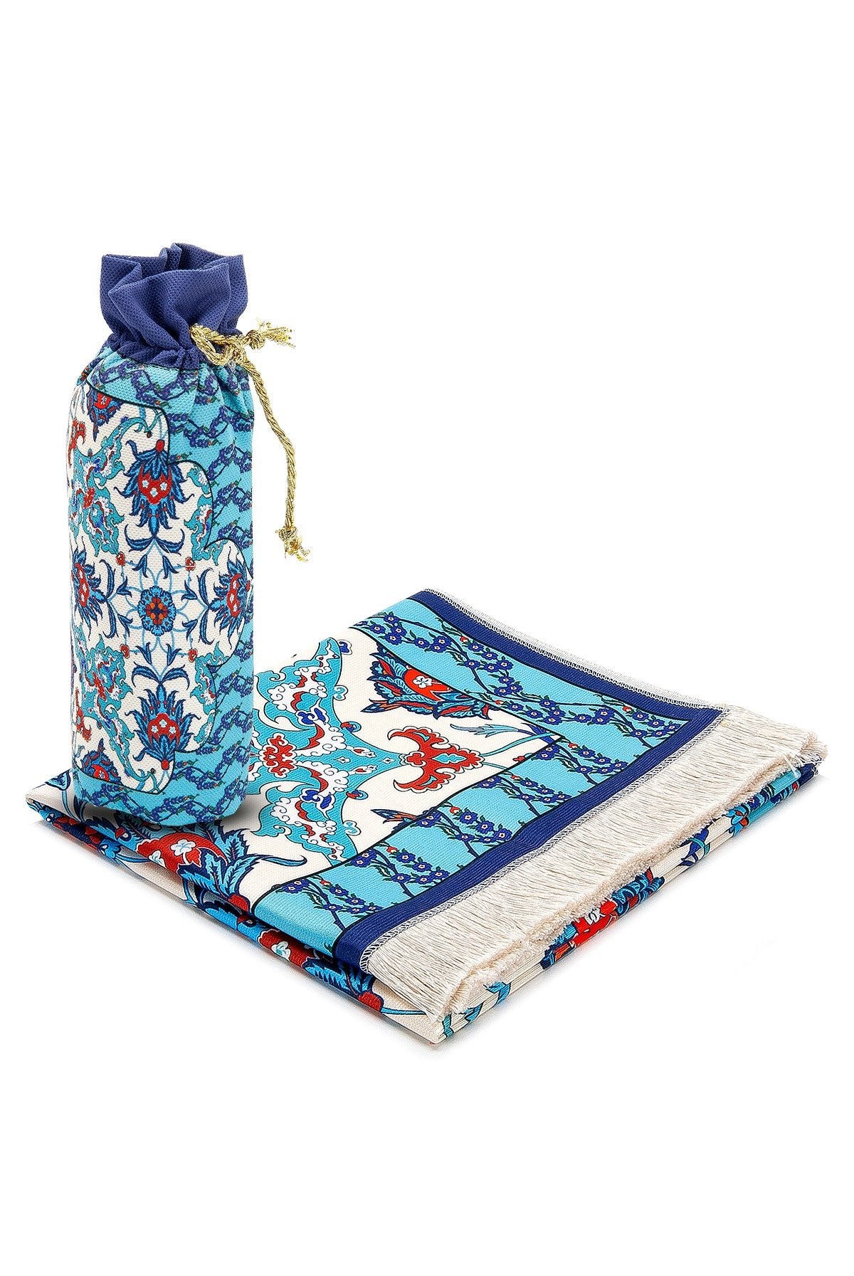 Silky Portable Blue Muslim Prayer Rug Set (Sajadah | Travel Bag) - Ihvan