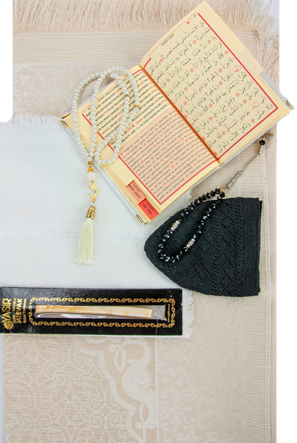 Complete Muslim Prayer Gift Set (Sajadah | Yaseen | Tasbih | Kufi | Miswak) - Ihvan