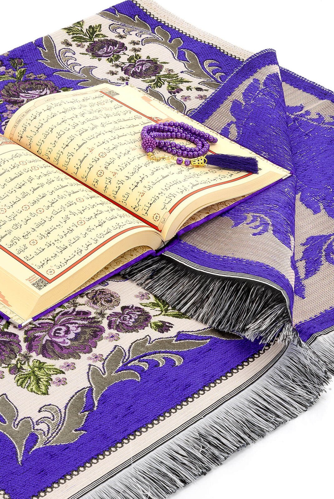 Purple Islamic Prayer Gift Set | Quran & Prayer Rug & Tasbih & Velvet Box - Ihvan