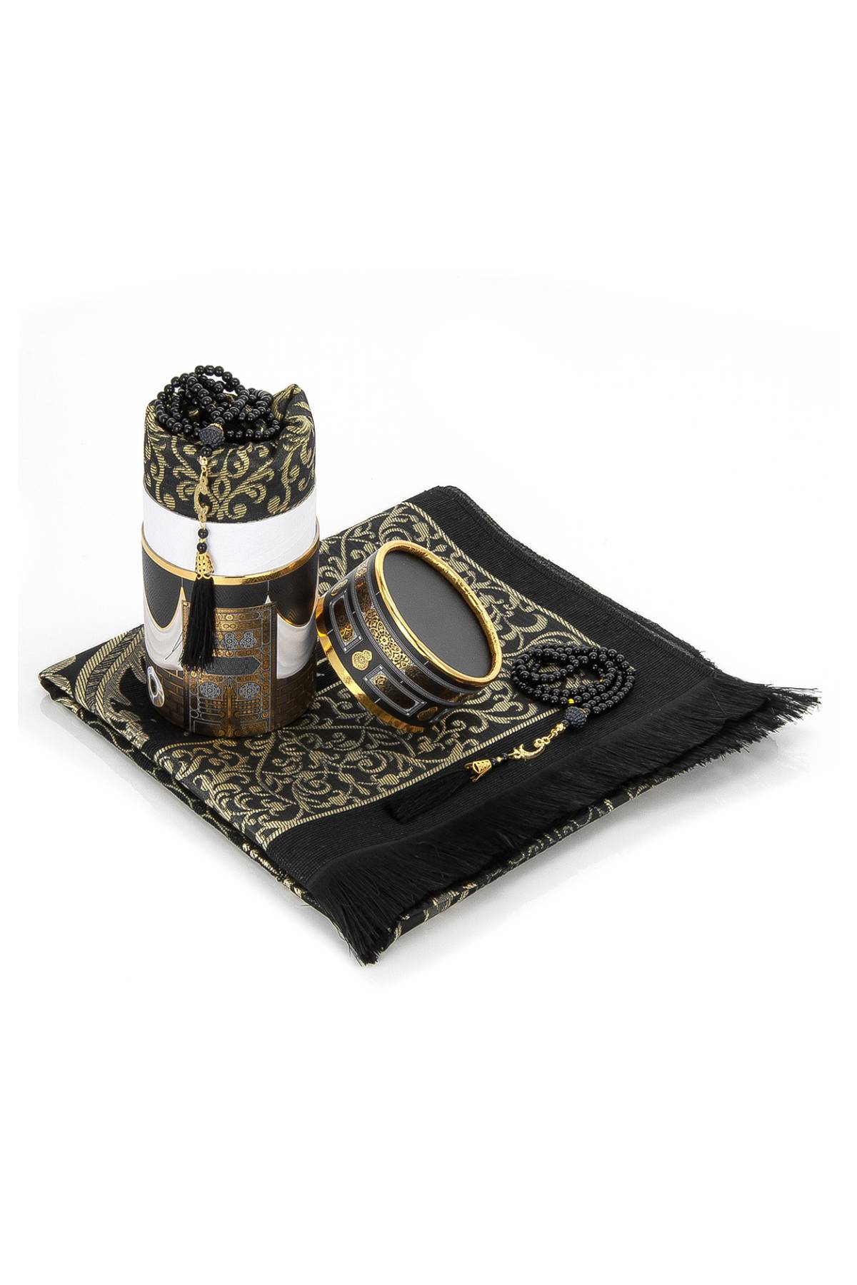 Elegant Muslims Prayer Rug Gift Set (Sajadah | Tasbih | Kaaba Cylinder Box) - Ihvan