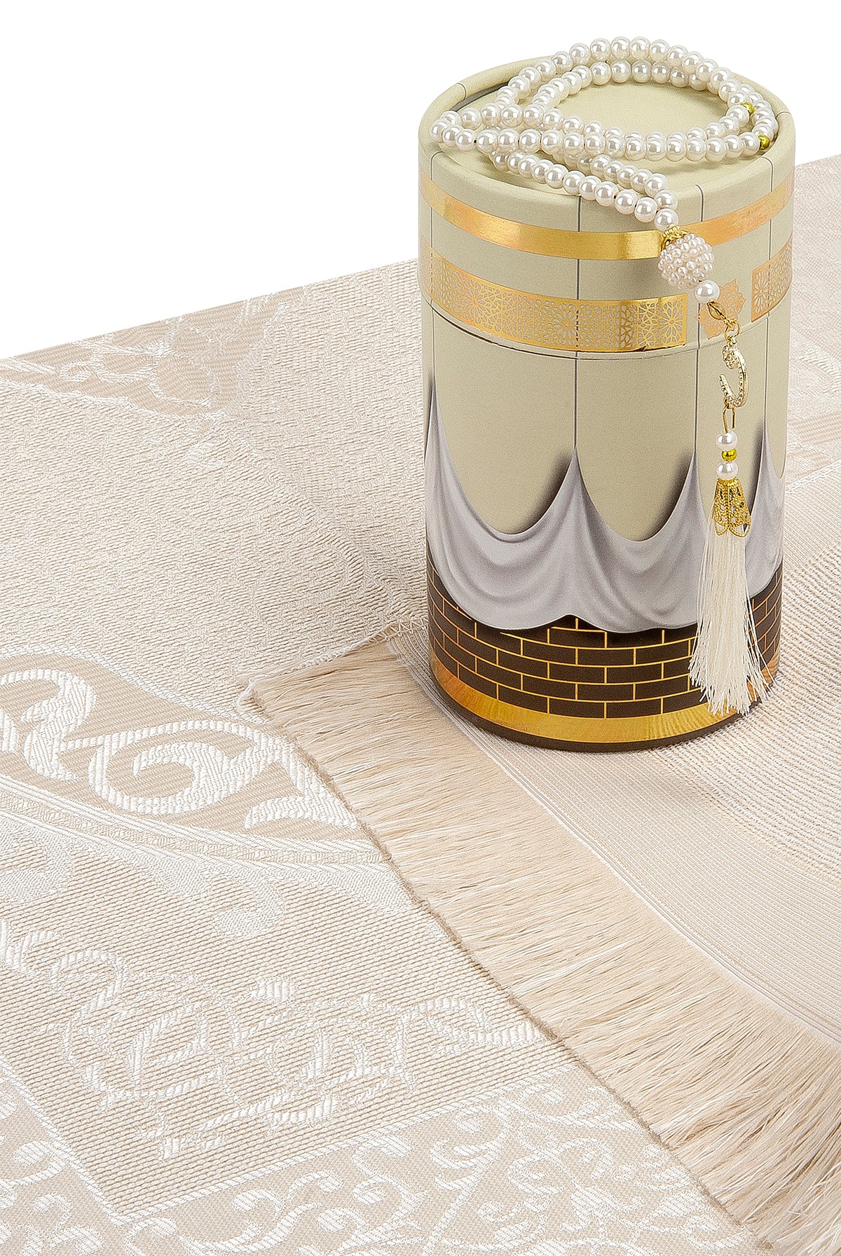 Elegant Muslims Prayer Rug Gift Set (Sajadah | Tasbih | Kaaba Cylinder Box) - Ihvan