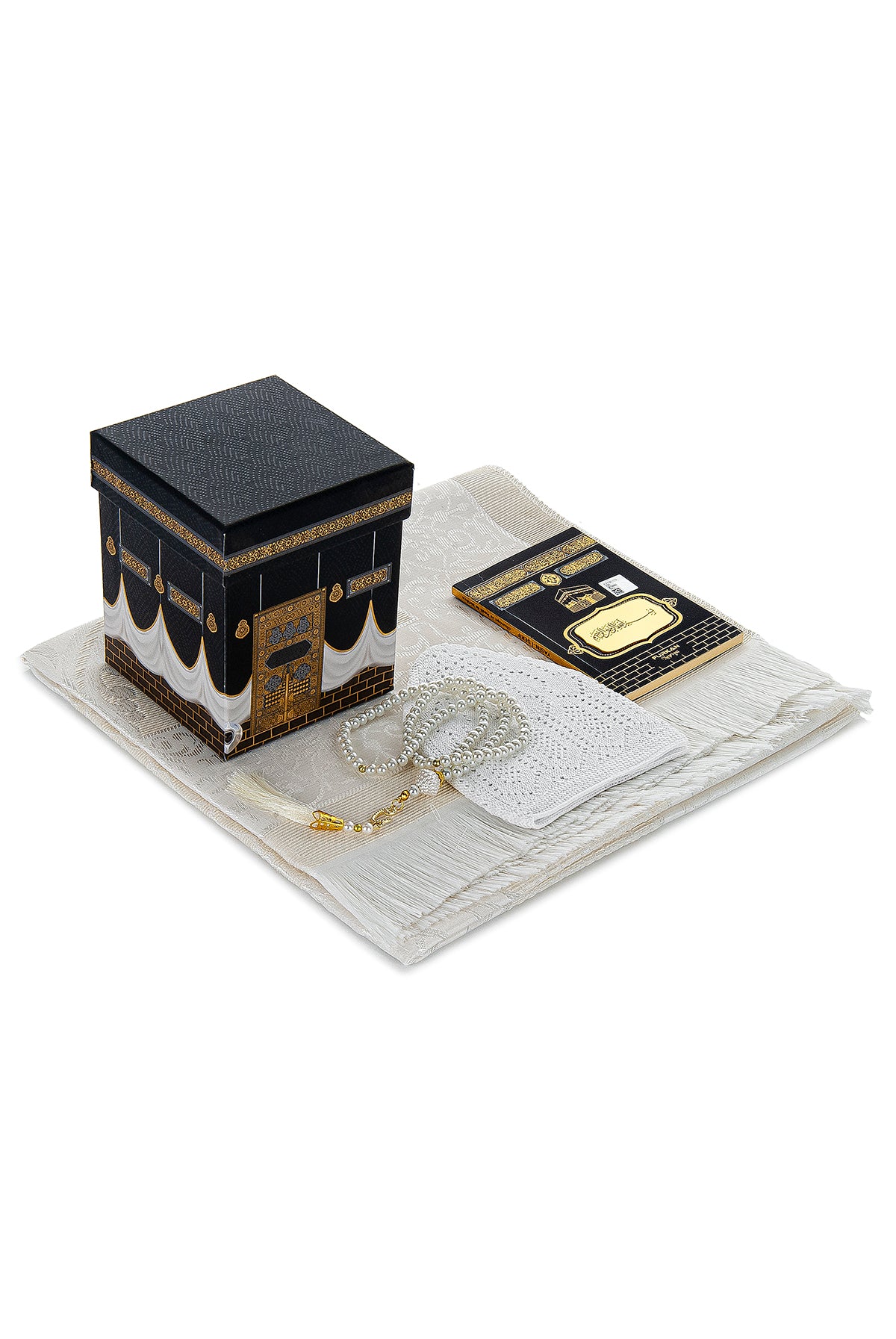 Elegant Islamic Prayer Gift Set | White Muslims Prayer Rug & Yaseen Book & Kaaba Box - Ihvan