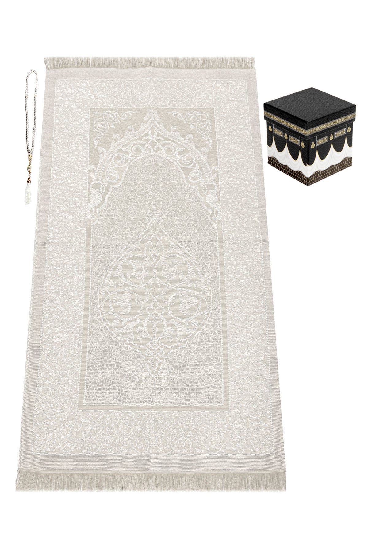Elegant Islamic Prayer Gift Set | White Muslims Prayer Rug & Yaseen Book & Kaaba Box - Ihvan