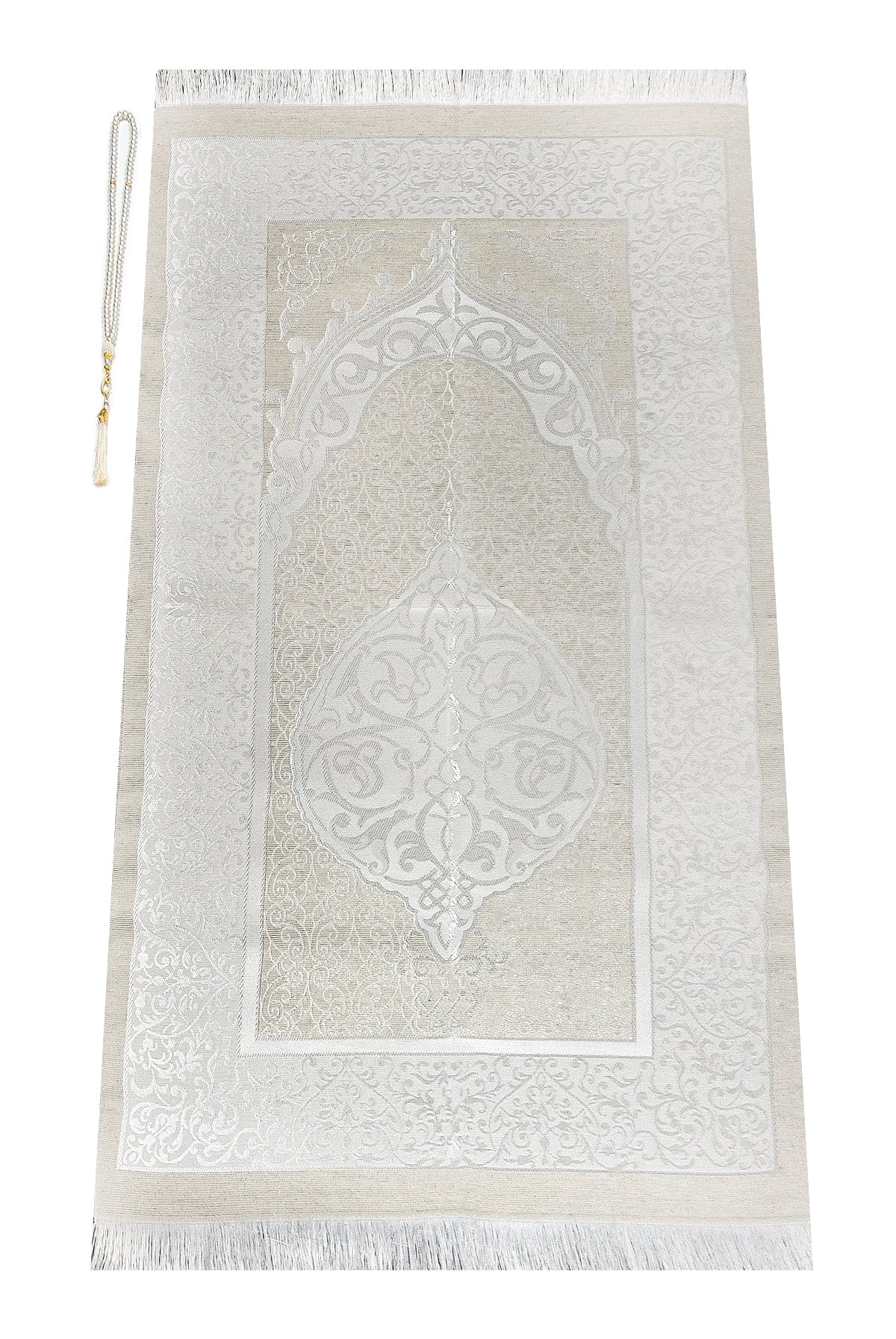 Elegant White Silky Muslim Prayer Rug Set (Sajadah | Tasbih | Cylinder Box) - Ihvan