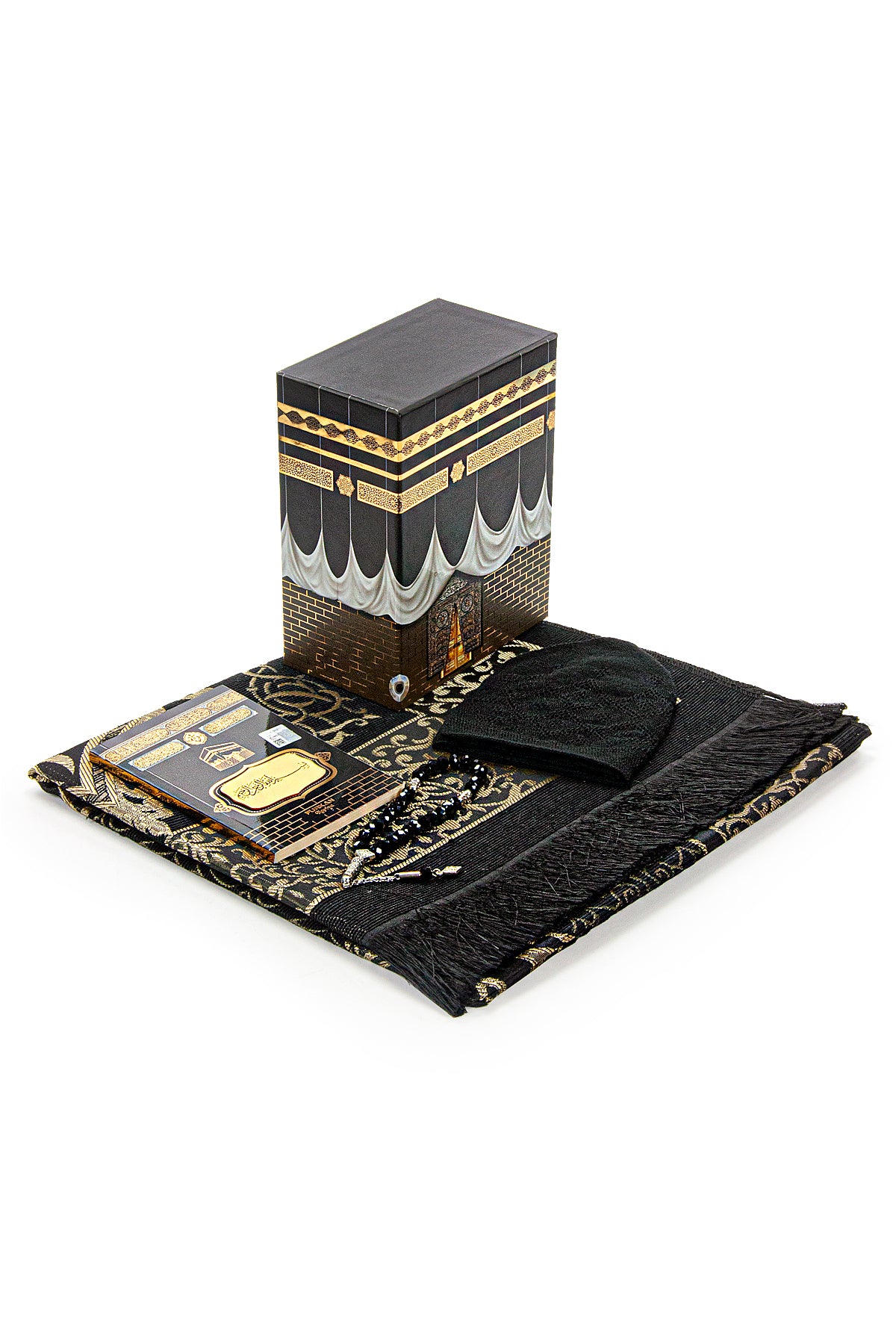 Elegant Black Islamic Prayer Gift Set with Kaaba Box | Yaseen | Prayer Rug | Tasbih | Kufi Hat - Ihvan