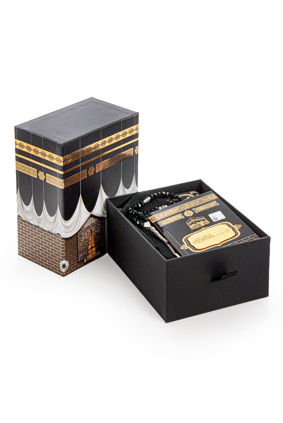Elegant Black Islamic Prayer Gift Set with Kaaba Box | Yaseen | Prayer Rug | Tasbih | Kufi Hat - Ihvan