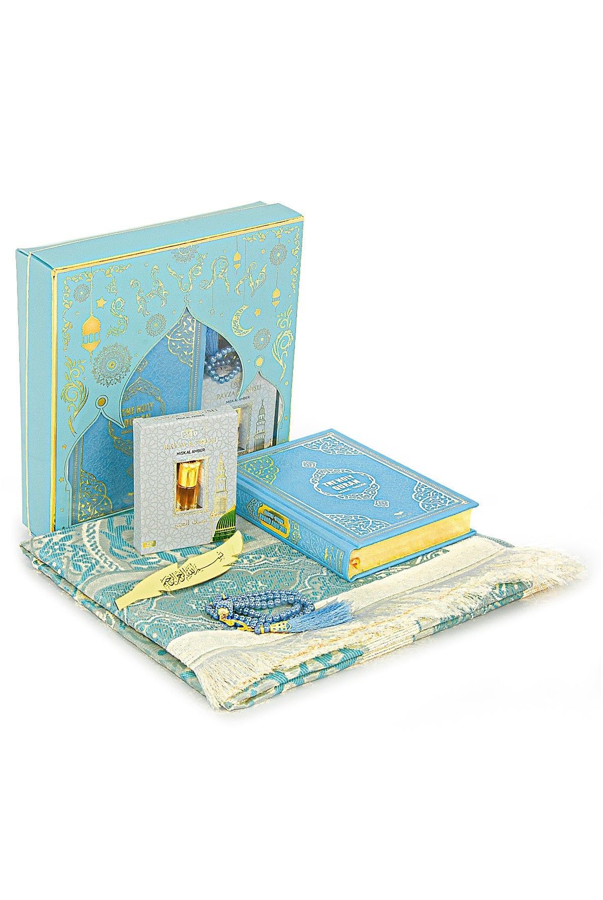 English Quran Gift Set with Prayer Rug, Rosary & Scent | Elegant Islamic Gift Box - Ihvan