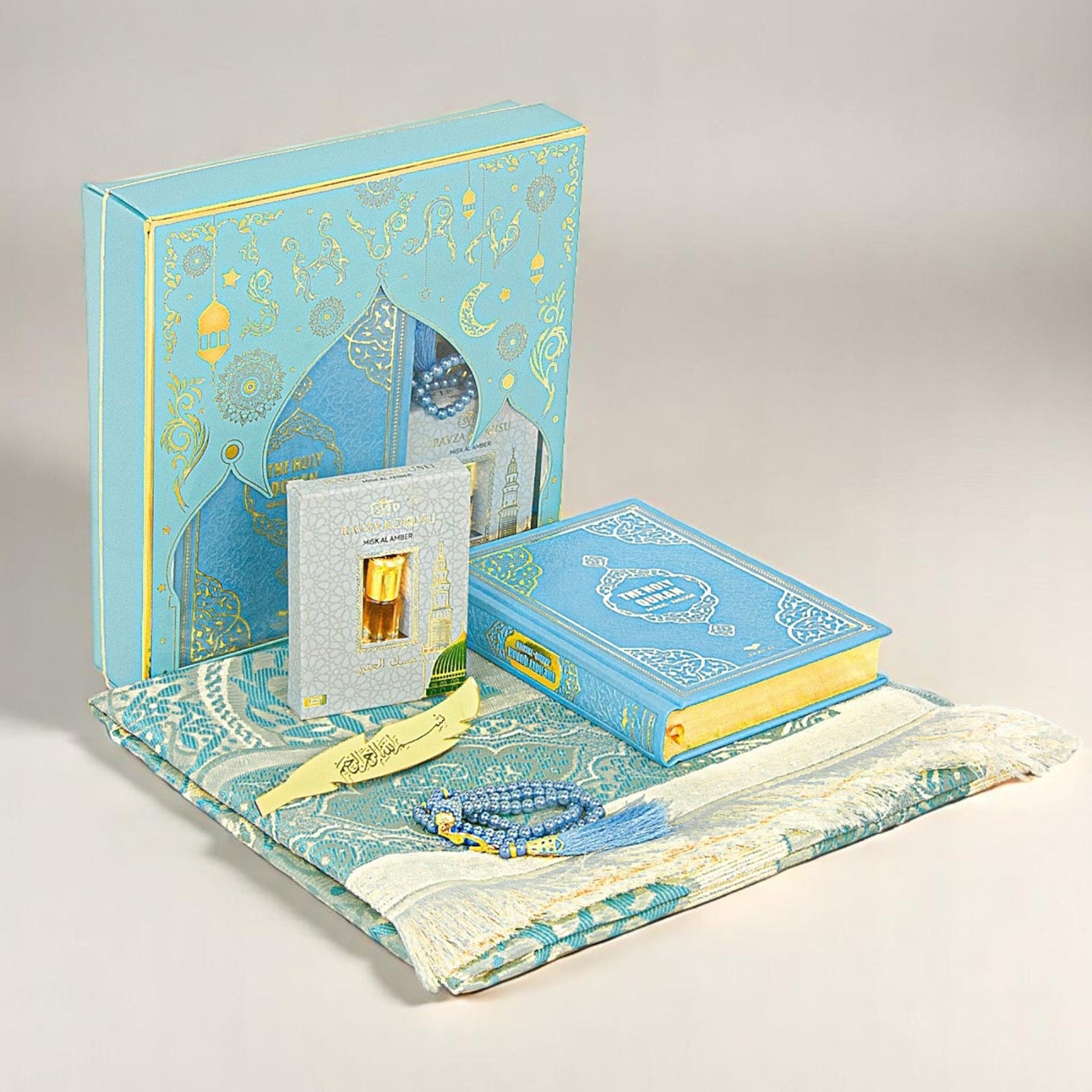 English Quran Gift Set with Prayer Rug, Rosary & Scent | Elegant Islamic Gift Box - Ihvan