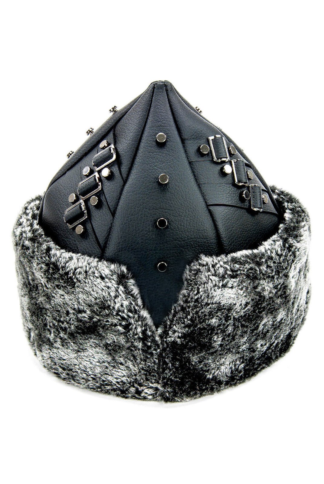 Turkish Ottoman Bork Hat, Ertugrul Leather Fur Winter Cap, Grey Faux Fur and Black Faux Leather - ihvan