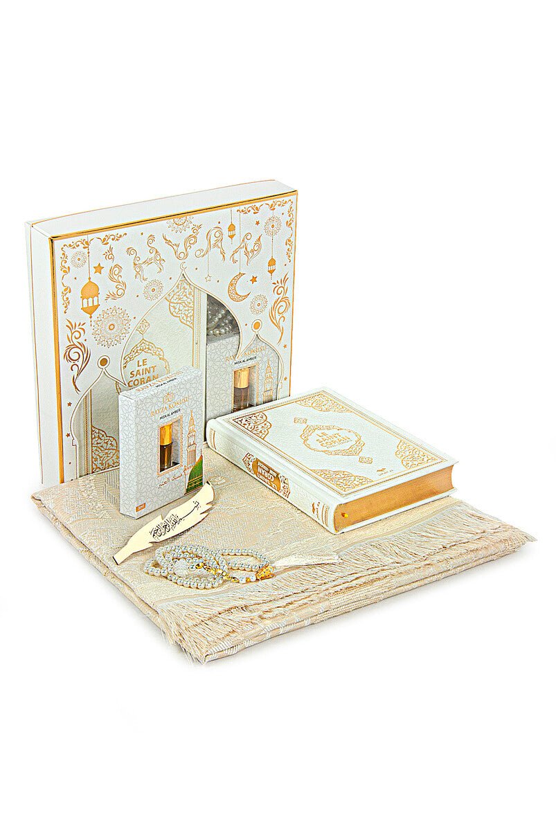 French Quran Gift Set with Prayer Rug, Rosary & Scent | Elegant Islamic Gift Box - Ihvan
