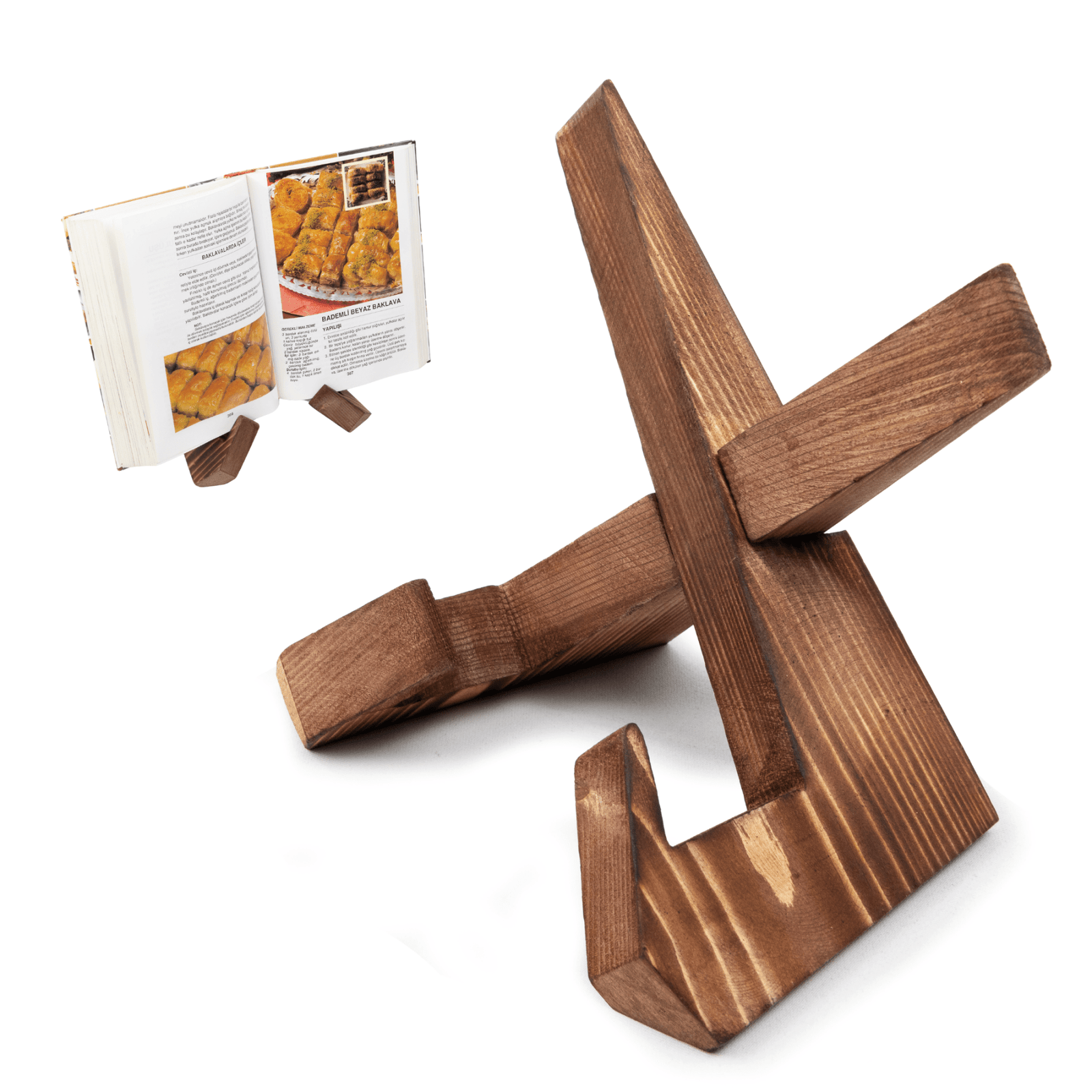 Handmade Wooden Book Stand | Pine Wood Recipe & Tablet Holder | Rustic Foldable Display Easel for Home & Kitchen - Ihvan