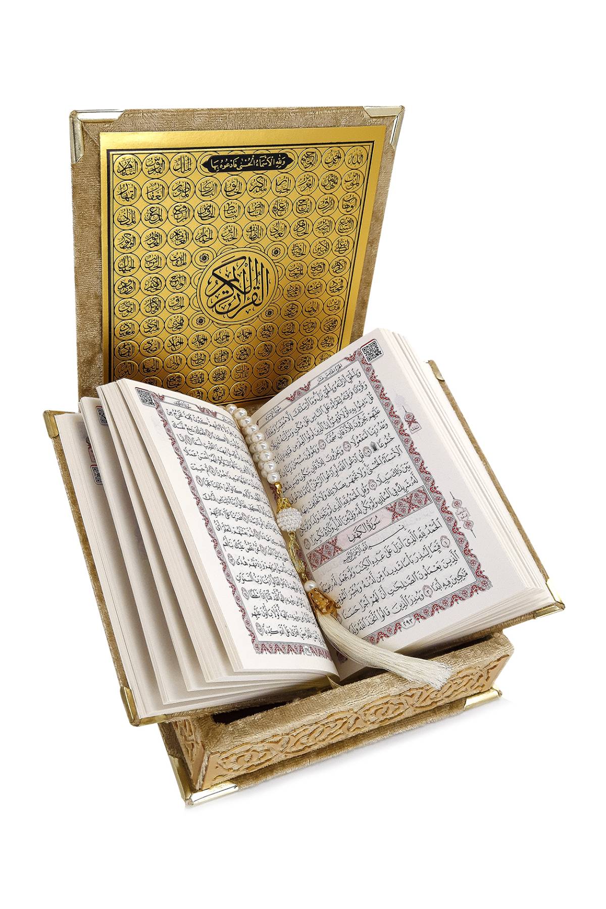 Gold Holy Quran Gift Set | Pocket-Size Velvet Qu'ran, Tasbih & Asma-ul Husna Box | Islamic Prayer Gift for Ramadan & Eid - Ihvan