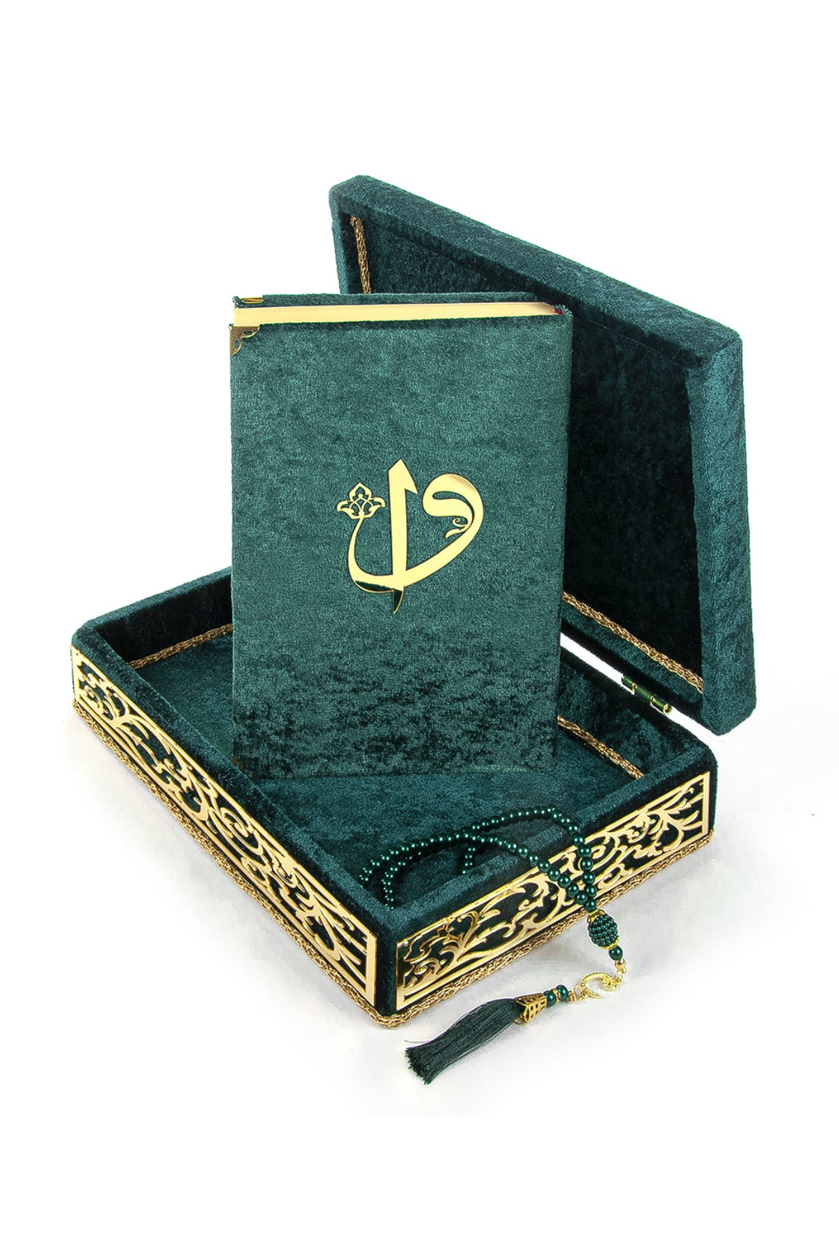 Velvet Covered Holy Quran and Prayer Beads with Decorative Box Set, Islamic Ramadan Eid Gifts - ihvan