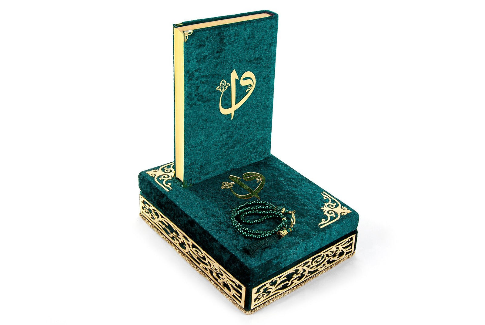 Velvet Covered Holy Quran and Prayer Beads with Decorative Box Set, Islamic Ramadan Eid Gifts - ihvan