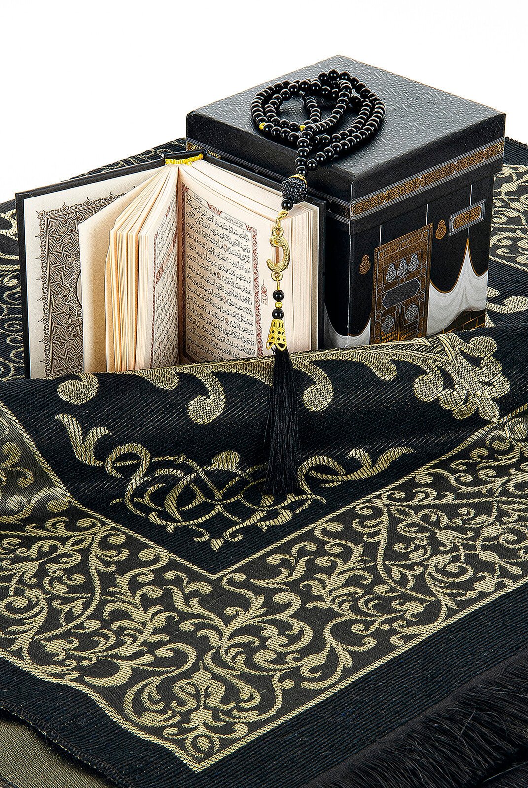 Quran & Muslim Prayer Rug Gift Set | Sajadah (Janamaz) | Tasbih | Kaaba Box - Ihvan