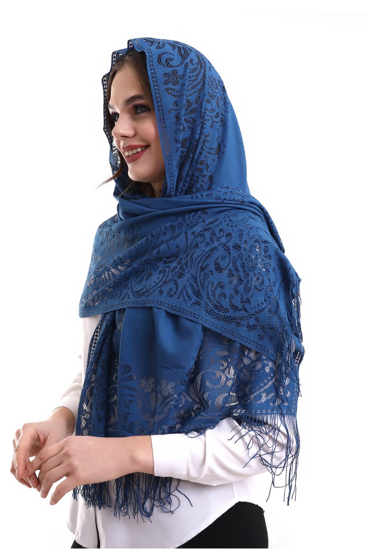 Delicate Tulle Scarf with Lace & Fringe | Lightweight Islamic Tulle Shawl Hijab for Women - Ihvan